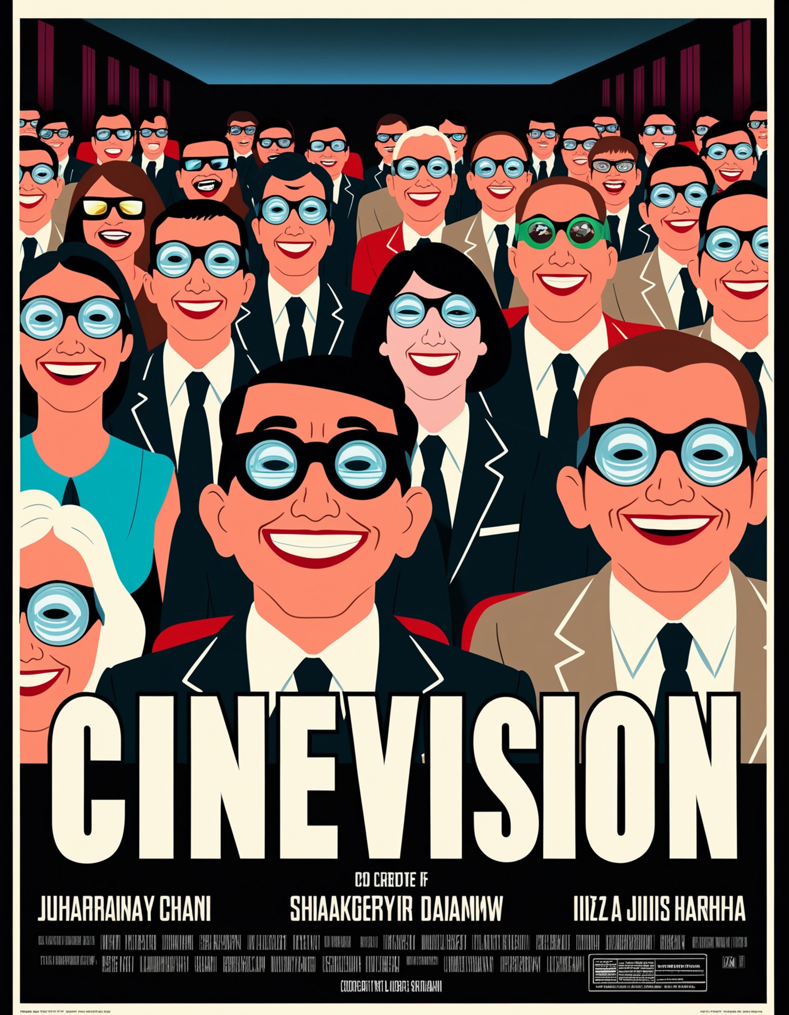 Film-Noir (movie poster with title and text graphics:1.3), a group of movie-goers, sitting in a movie theater wearing 3D g...