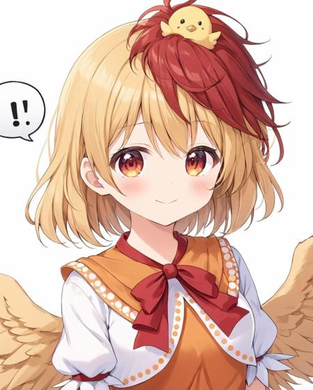 niwatari kutaka,1girl, white_background, upper_body, animal_on_head, solo, chick, ^_^, smile, simple_background, facing_viewer, orange_dress, red_ribbon, feathered_wings, puffy_short_sleeves, speech_bubble, neck_ribbon, blush, animal, white_shirt, closed_mouth
<lora:niwatari_kutaka_image1327_2023-12-20-000010:1>,star-shaped_pupils,symbol-shaped_pupils,. gorgeous,key visual, vibrant, studio anime,award-winning, professional, highly detailed,high budget, cinemascope