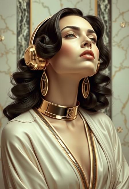art deco woman 1970s retro-futurism , alabaster and marble , gold and chrome , flowing robes