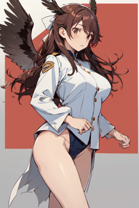 TakamiKaribuchi, 1girl, solo, long hair, brown hair, brown eyes, white military uniform, head wings, large breasts, one-piece swimsuit, swimsuit under clothes, 