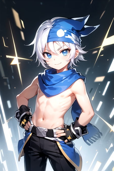 <lora:LassIsolet-03:0.7> ,lassgc, solo, looking at viewer, smile, blue eyes, gloves, 1boy, holding, closed mouth, white hair, male focus, pants, fingerless gloves, chibi, english text, hand on hip, spiked hair,  blue headwear, skull, bandana, blue gloves, blue scarf, explosive, bomb