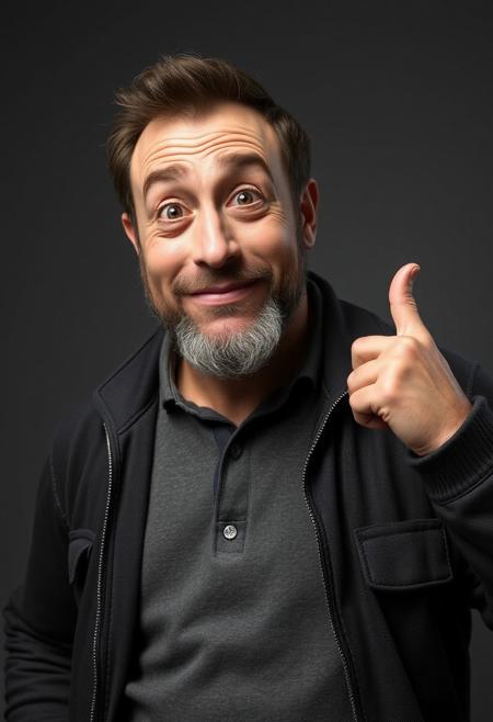 Posaman, portrayed by the Italian actor and comedian Lillo, should reflect a realistic and grounded style while still emphasizing his quirky, exaggerated poses. The model should capture Lillo’s distinct features—his expressive face, short beard, and casual yet confident demeanor. Focus on realistic textures, including natural skin tones, detailed facial expressions, and lifelike clothing, while highlighting his humorous, larger-than-life poses. These can range from mock-superhero stances to awkward yet charismatic gestures that showcase his comedic flair. The goal is to blend realism with humor, creating a character that feels authentic while staying true to Lillo’s unique comedic style.