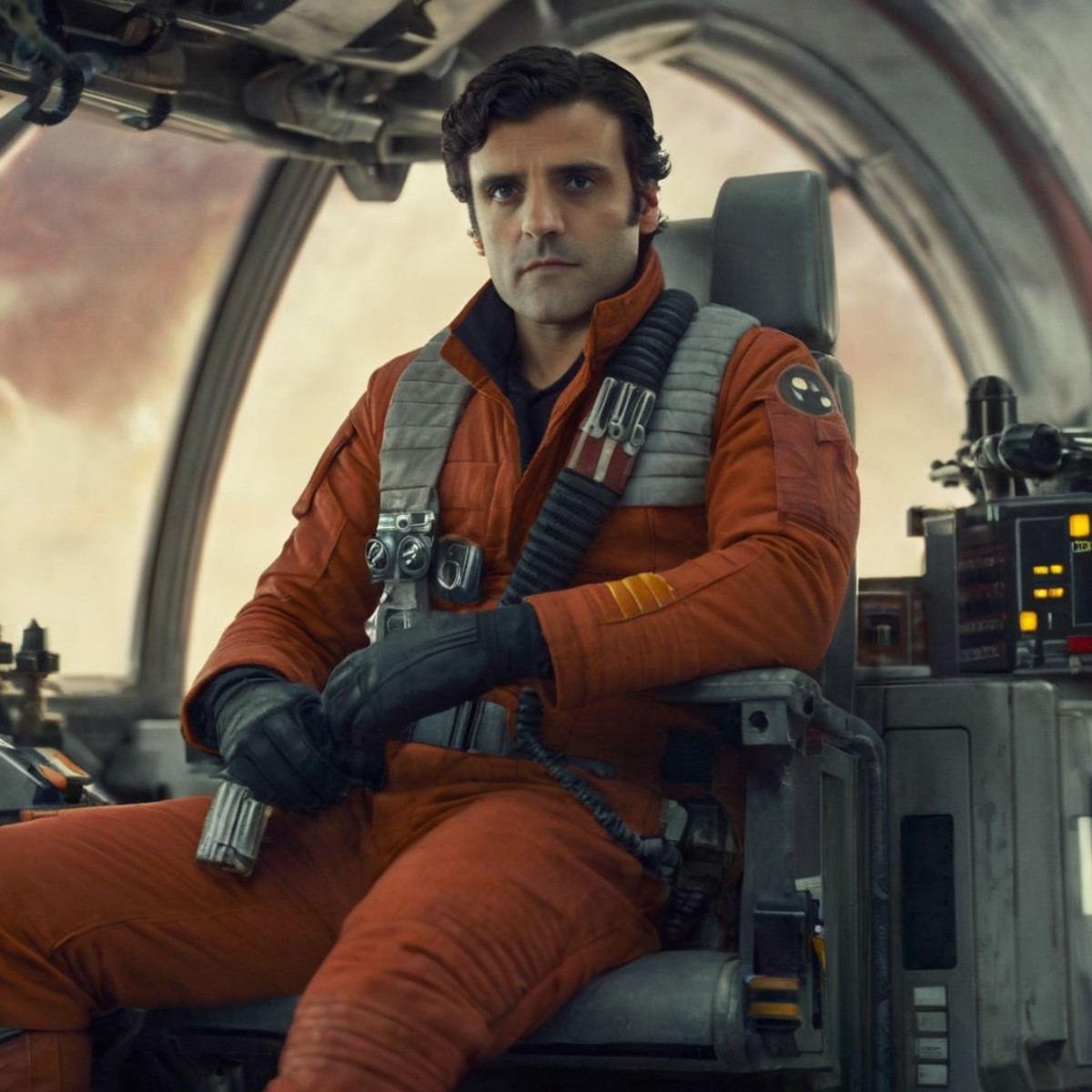 cinematic film still of  <lora:Poe Dameron:1.2>
Poe Dameron a man in a red pilot uniform sitting on a plane In Star Wars U...