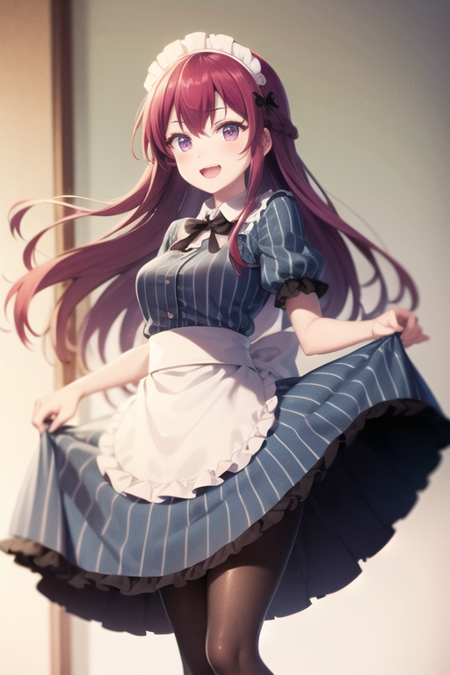 <lora:OukaMakuzawa-03:0.7> , ouka, 1girl, solo, long hair, looking at viewer, smile, open mouth,  dress, bow, ribbon, hair between eyes, very long hair, standing, purple eyes, full body, braid, short sleeves, :d, pantyhose, red hair, frills, striped, shiny, black footwear, apron, shiny hair, black pantyhose, maid, maid headdress, black ribbon, black bow, neck ribbon, floating hair, blue dress, waist apron, white apron, vertical stripes, frilled apron, striped shirt, skirt hold, striped dress, striped skirt, vertical-striped shirt, vertical-striped dress, vertical-striped skirt