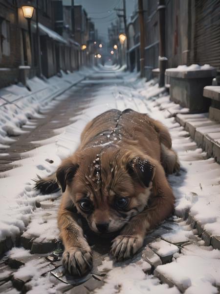 nighttime, side-view, oil painting, close up shot sad stnerfx derp laying on the ground, facing the camera, narrow back alley, snow, deep shadows, <lora:- SDXL - stnerfx _Stoned_Fox_Style_V4.0:1>