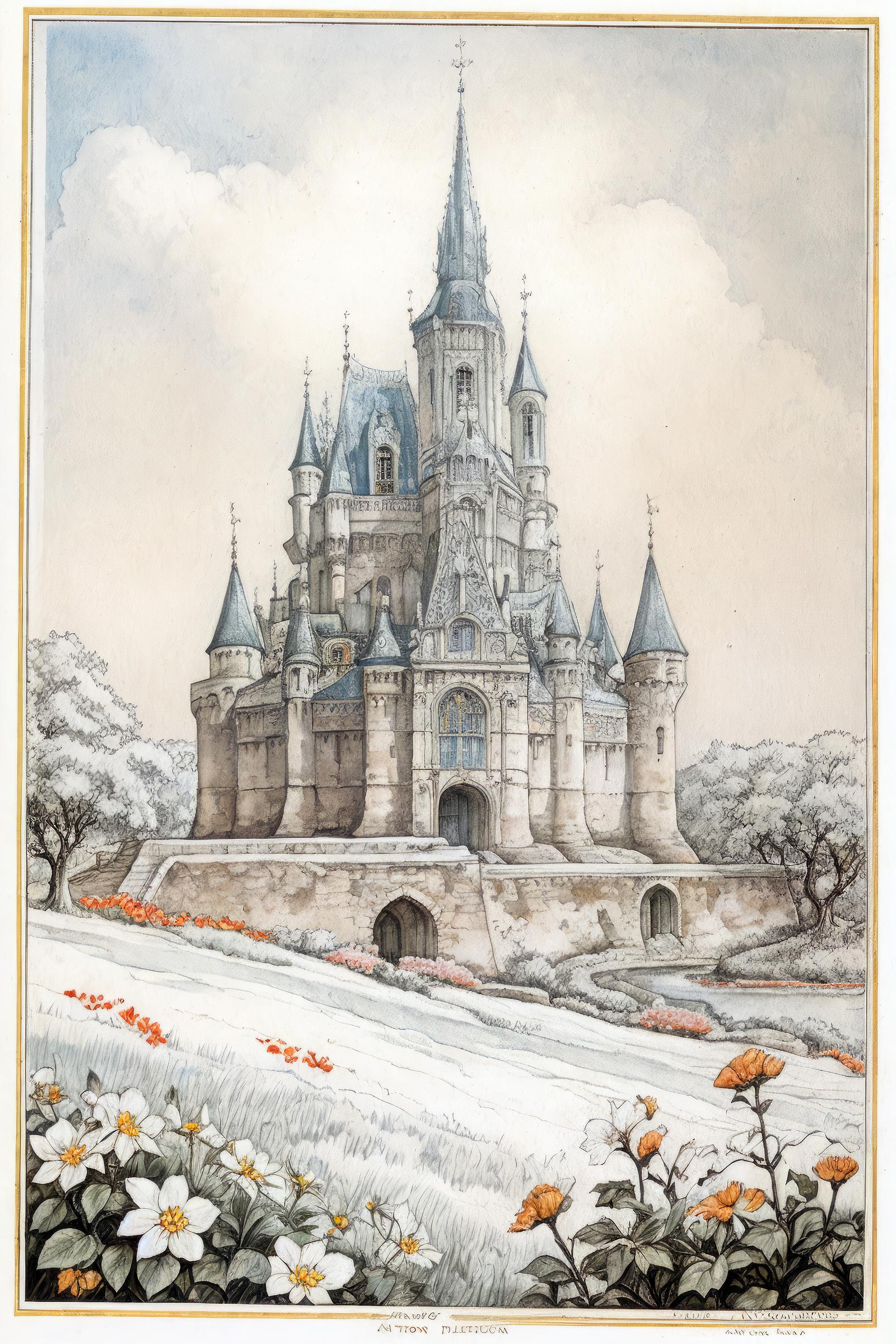 A white castle with a moat around it, with a drawing of a castle on the front.