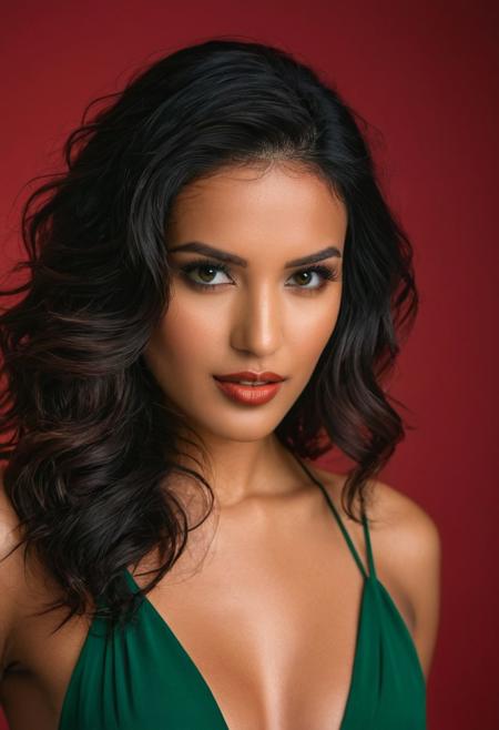 A striking image of a gorgeous woman in her 20s, dual tone colors, dual-tone red and green color on the face,  colors illuminating the face, shot in a studio, subtle colors,sharp focus, matching backdrop,  brown eyes, perfect skin retouch, curled black hairs, emphasizing the textures and contrasts. Photographed with a Nikon Z7 II and a NIKKOR Z 50mm f/1.8 S lens.
ultra realistic, skin textures.
