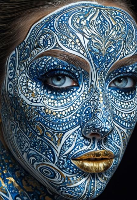 Woman, full face portrait, face takes up frame, body art, hyper realistic eyes, black, blue, white, gold, abstraction, sculpted hair, dynamic pose, shading, porcelain skin, bold, 3D, UHD, multidimensional, deep fractal, rocco etched shapes, skin, dark, silver, close-up, intensity