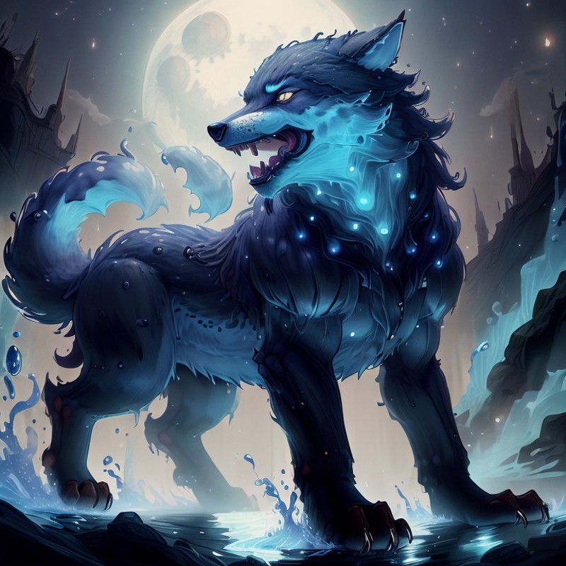 <lora:WorldofWater:1.4>, worldofwater, werewolf, night, moonlight, volumetric lighting, fur, animal focus, feral, howling,...