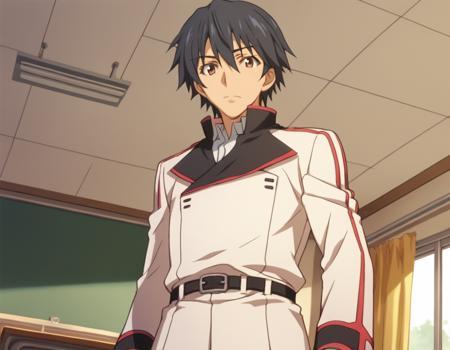 ichika orimura, black hair, male focus, brown eyes, mature male, school uniform, belt, pants, uniform, military, military uniform,