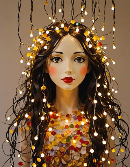 fairy lights, A whimsical illustration of a lady with long flowing hair made from blooming flower petals. The lady has large round eyes and a small mouth. Modular constructivism, inspired by the work of Emil Orlik.