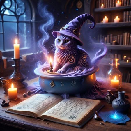 (GrubCat),  (sandswirl), (close-up shot), (cat sitting on a cluttered wizard’s desk), (wearing a slightly oversized wizard hat), (mystical artifacts scattered around), (glowing runes on parchment), (open spellbook with arcane symbols), (floating candles casting eerie light), (bubbling potion in glass flask), (faint magical aura in the air), (mystical blue and purple lighting), (dusty, ancient tomes stacked nearby), (soft shadows and warm candle glow), (smoke swirling from a tiny cauldron), (enchanted atmosphere), (whimsical, magical setting).
