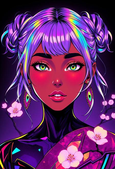 masterpiece, best quality, newest, absurdres, highres, ultra-detailed, semirealistic, cinematic lighting, raytracing, high contrast, ambient occlusion, vector lines, back lit, asymmetrical composition, off-center framing,
BAMF-Illu, dark_skin, very_dark_skin, thick_lips, large_nose, wide_nose, dark-skinned_female,
1girl, iridescent hair, hair buns, green eyes, stunning woman, intricate colorful neon rainbow colors, multicolored art, centered, antialiased, vibrant gradient reflections, surreal painterly textures, expressive emotional design, iridescent fantasy fine art, dreamlike ambiance, black light poster aesthetic,
anime drawing, featured on pixiv, gothic art, flourishes, linework, vectorized intricate stylization, geometric shape-based portrait, glowing patterns, fantasy character designEngine, trending on ArtStation, HDR, 3D masterpiece, perfect composition, brilliant, stunning, epic, cinematic, atmospheric darkness, meticulously detailed
This prompt combines Ando's signature materials (concrete, geometric rigor) with the fleeting elegance of sakura, balancing structure and organic flow.
Paint a serene yet dynamic watercolor scene in the Flux art style,
<lora:FLUX-daubrez-DB4RZ-v2:0.35> DB4RZ, DB4RZ style painting <lora:illustration004:0.8> illustration004 chaotic expressive line-art scribbled and erratic strokes monochromatic black ink <lora:Scribble Portrait Drawing:0.35> Drawing <lora:aidmaMJ6.1_v0.5_3:0.35> aidmamj6.1, aidmamj6, mystcorbCE_style