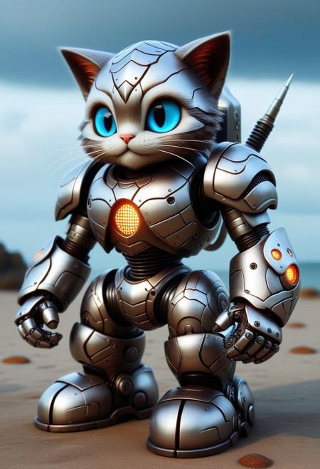 scaleboundsdxl, (((score_9, Score_8_up, score_7_up))), Cute kitten, battle-worn mech robot designed for a futuristic combat game. The mech should have heavy armor plating, with visible joints and glowing power cores. Include weapons mounted on its arms, such as missile launchers and a plasma cannon. The design should showcase mechanical details, rust, and dents to emphasize its use in combat, with glowing rgb lights indicating its power source is enable electricity, scales glow,