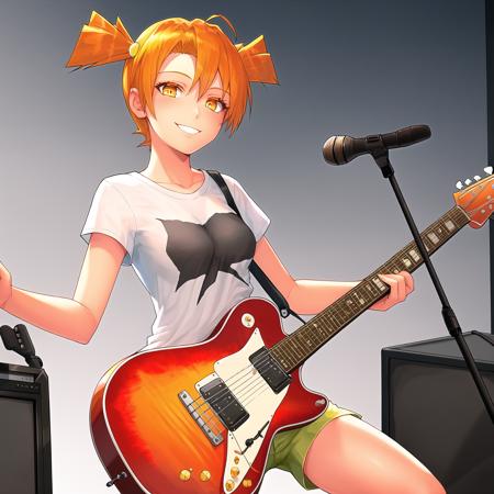 (AkiceDv:1.1), 1girl, instrument, solo, guitar, twintails, electric guitar, short twintails, t-shirt, orange hair, shorts, shirt, looking away, smile, short hair, amplifier, orange eyes, black shirt, yellow eyes, hair ornament,  rock concert