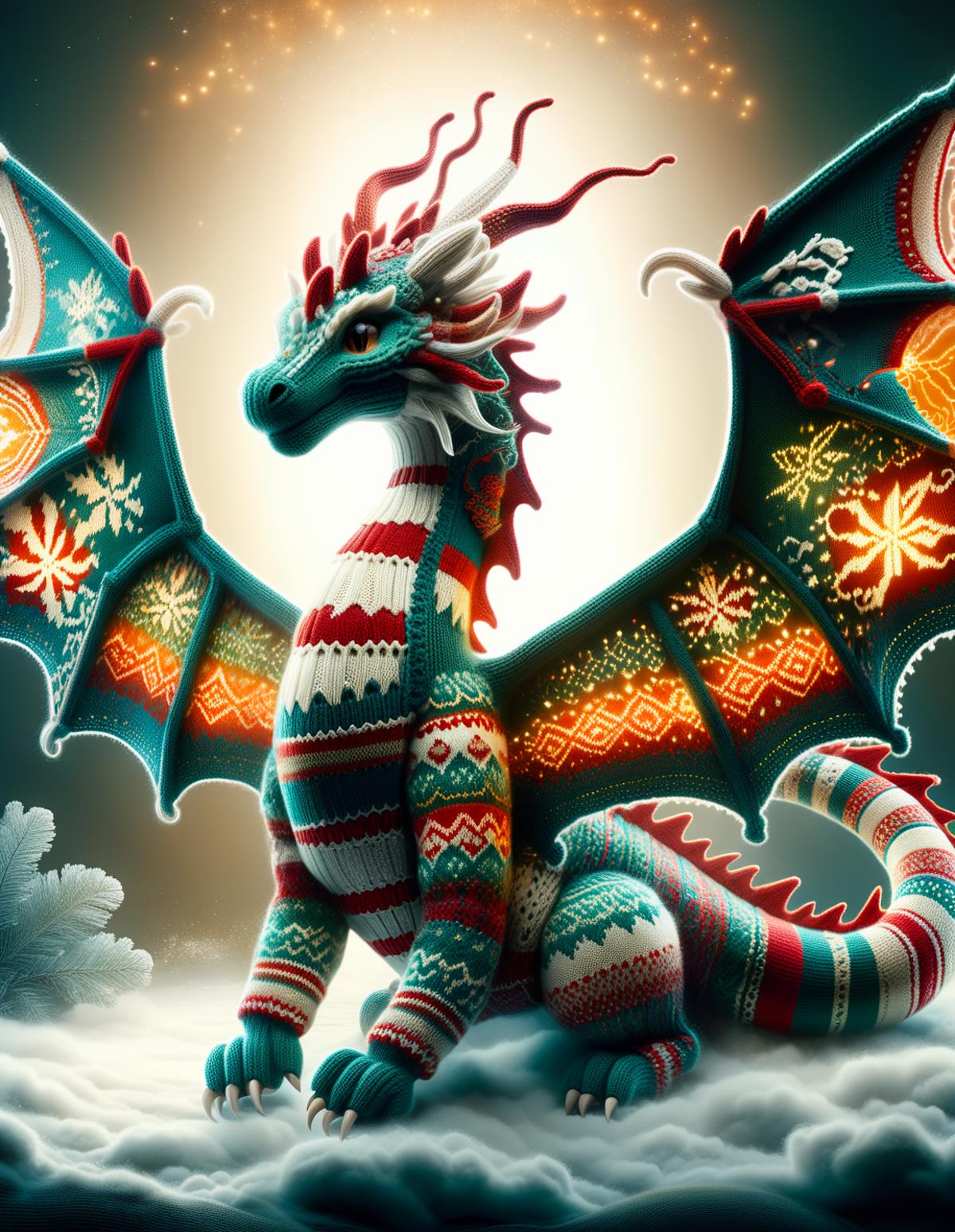 Colorful Dragon with Sweater Design and Red, Green, and White Patterns on Neck and Wing.