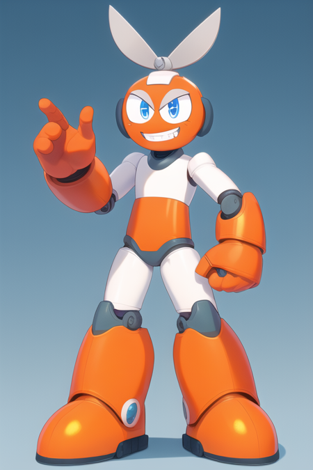 1boy, solo, (cut_man:1.2), head scissors, no nose, orange boots, orange gloves, robot, robot joints, smile, half-closed eyes, blue eyes, cute, standing, grin, teeth, v, peace sign, (masterpiece, highly detailed:1.2), no humans, shears,