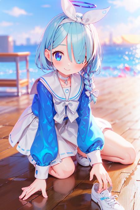 Arona,1girl,solo,shoes,white footwear,braid,blue shirt,serafuku,long sleeves,white sailor collar,hairband,white choker,bangs,smile,single braid,white half skirt,bow hairband,<lora:Arona_åç½å¨:0.8>,cityscape,Skyscraper,(on floor:1.2),, (masterpiece), (best quality), HDR, intricate detail,