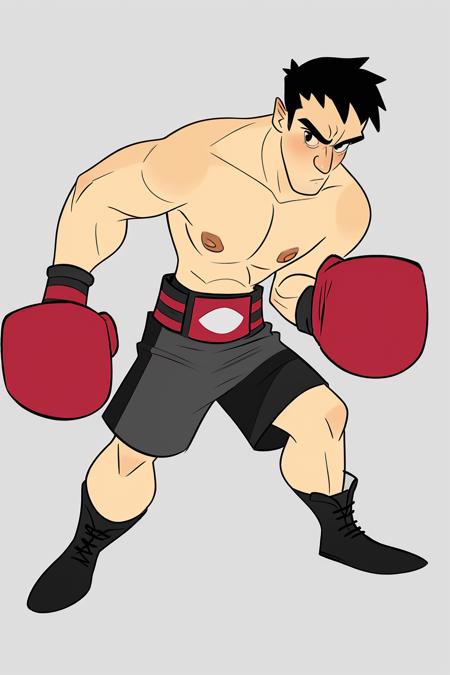 European and American cartoon characters, original character design, hand-drawn drafts, boxing gloves, solo, 1boy, male focus, shorts, topless male, grey shorts, boots, full body, simple background, white background, muscular, blush <lora:Cartoon characters-000008:1>