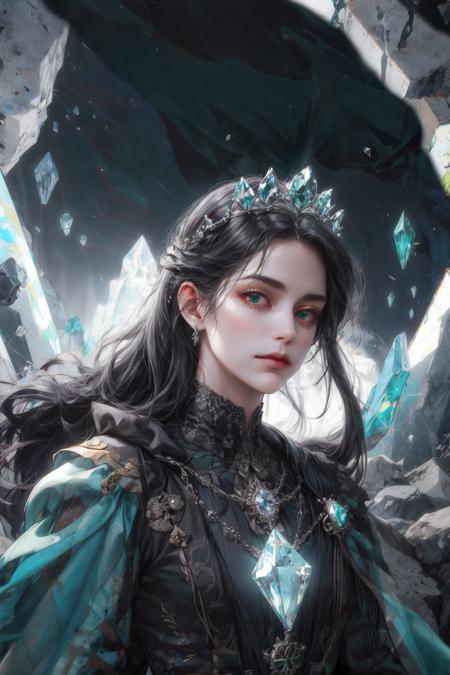 (absurdres, highres, ultra detailed), (1girl, solo, mature, long hair), black hair, dress, long sleeve,   looking at viewer, solo, upper body, detailed background, close up, cold detailed face, (victorian theme:1.1), crystal mage, levitating, dynamic pose, elemental rock themed clothes, crystal crown, rocks floating in the air, glowing  shards, surrounded by green  jewels,     magical floating particles,    crystal landscape background, (shallow water:0.7),  cinematic ethereal atmosphere,  reflections, updraft,, upper body, dutch angle