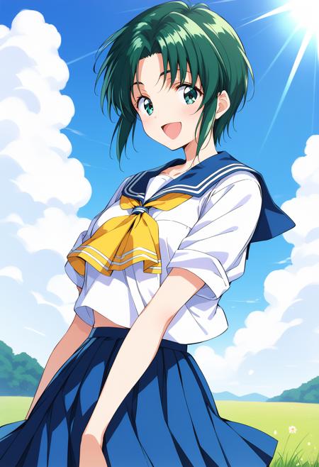 furutachi_ichiko, green eyes, green hair, short hair, round eyewear, armband, school uniform, serafuku, blue sailor collar, yellow neckerchief, short sleeves, pleated skirt, blue skirt, 