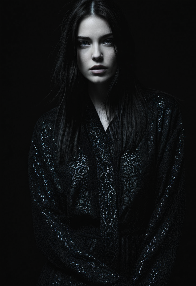 (masterpiece Photography by Alessio Albi:1.2), portrait of a mysterious woman,photography masterpiece, modern, irresistible beauty, dark hair, blue eyes, misterious, emotional, intense gaze to viewer, fuzzy lighting, unusual composition, use of negative space, (golden rule composition), simmetry , fine erotic content, groundbreaking unrivaled opus with unrivaled details, (tealblue and silvergray colors:0.8), misterious woman photo portrait , highly detailed, melancholic, hyper detailed photography, catchlights, alternative framing,touch-of-grain, film grain, grainy texture
