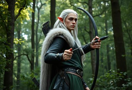 A **Chad male elf cosplaying as Legolas**, standing in a dense forest, surrounded by towering trees and lush foliage. He wears a black leather outfit with a green tunic and a flowing white fur cape. In his hands, he grips a bow and arrow, poised for action. His long white hair falls down his back, and he looks intently off to the side with a serious expression, embodying the character's intense focus. **8k, UHD, 4K, Exceptional Quality, More Detail, Lifelike Details, Super Detailed Face and Eyes and Clothes, Handcrafted with Precision, High Quality, Sharp Lines, Stunning Colors, Harmonious Colors, Multi Colored, Contemporary Aesthetics, Impeccable Composition, Creative Angle, Attractive Background, Balanced Editing, Intentional Focus, Well-timed Moment, Captivating Lighting, Octane Render, Unreal Engine 5, CGSociety, Artstation Trending on ArtstationHQ, Golden Ratio**.