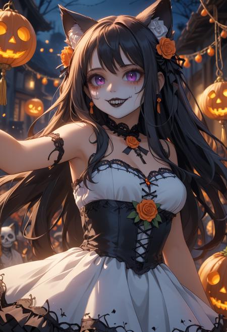 score_9, score_8_up, score_7_up, score_6_up, dynamic, (anime, masterpiece), best quality, (8k), detailed background, sharp focus, intricate, ambient lighting, super high quality, hyper detailed background, cinematic lighting, adult, double tone long hair, mature, Day of the Dead, embedding:zPDXLxxx, spooky, cat ears, dress, spreading arms, fiesta, addDetailXl.MLUV, Nyaomi<lora:Nyaomi.safetensors:1.0:1.0> <lora:addDetailXl.MLUV.safetensors:1.0:1.0>