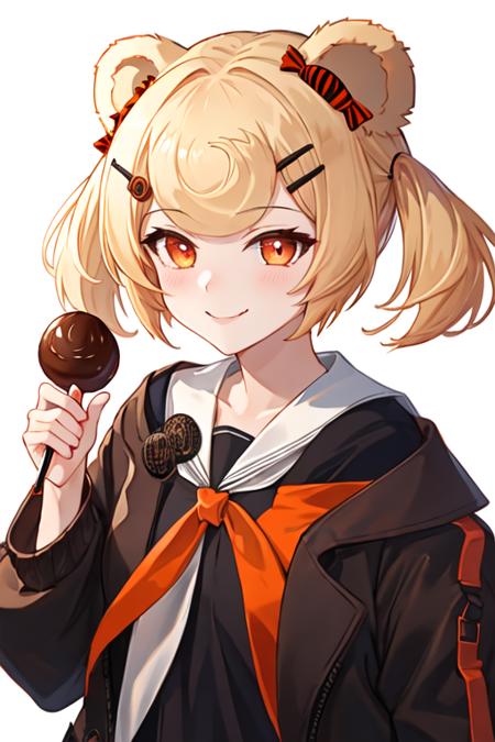 best quality, masterpiece, highres, solo, {gum_arknights:1.15}, animal_ears, blonde_hair, bear_ears, short_hair, hair_ornament, candy_hair_ornament, hairclip, food-themed_hair_ornament, bangs, smile, orange_eyes, upper_body, red_eyes