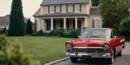 cinematic film still of  <lora:cinematic vintage film:1>
a red car parked in front of a house cinematic vintage film style, shallow depth of field, vignette, highly detailed, high budget, bokeh, cinemascope, moody, epic, gorgeous, film grain, grainy