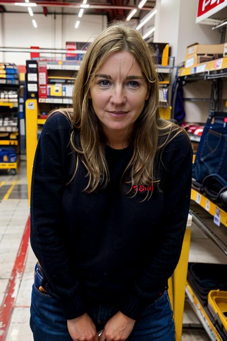 <lora:VC:1.0> masterpiece, best quality, detailed face, 1girl, realistic, solo, a 40 year old, mature,  v1873c, long_hair, blonde_hair, in a hardware shop, drills, mechanical, jumper, jeans