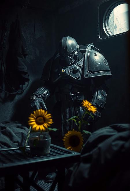in the grim darkness of the far future there is only war.
but one single UltraM40k boy stands in his small dark room and waters his tiny Sunflower on the metal table next to his black bedroll. cold dimm light illuminates the trist room and his grim but somehow happy look. his power armor is clean and shows every detail and every crack and bullet hole from the fights he has barely won. sharp shadows empowering the contrast of the low angle shot,. Shot with a full-frame DSLR, 85mm lens at f/1.8 for shallow depth of field, ISO 400, 1/100 shutter speed. Cold dimm light enhanced with slight post-processing contrast boost and neutral tone grading. balancing sci-fi horror with dark fantasy. dark gothic warhammer30k theme.