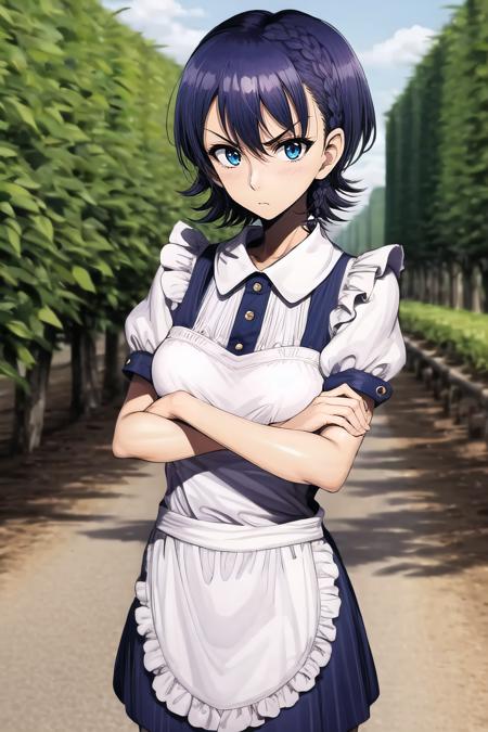 (masterpiece, best quality:1.2), sharp focus,
shiny skin, 1girl, solo,
<lora:motsuaki:1>, motsuaki,
1girl, solo, straight-on, farm, plantation, noon, crossed arms, blue hair, short hair, side braid, coral eyes, mature female, milf, maid outfit, medium breasts, angry,
<lora:Mild detail adjusterV10:0.5>