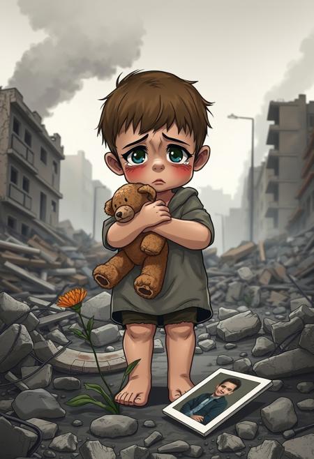 Illustrated image, digital art style
A tearful child,  clutches a worn teddy bear tightly, standing alone in the rubble of a war-torn city. Soft natural lighting highlights the child's expression of fear and confusion. The background shows collapsed buildings, smoke rising in the distance. A single flower grows through the debris near the child's bare feet. The child's clothes are tattered and dirty. A discarded family photo lies partially visible in the rubble nearby. The sky is a somber gray. Captured with a high-end digital camera, shallow depth of field focusing on the child's eyes, high detail and resolution, muted color palette except for the bright flower and the child's eyes. Photojournalistic style, emotional impact, raw and unposed.