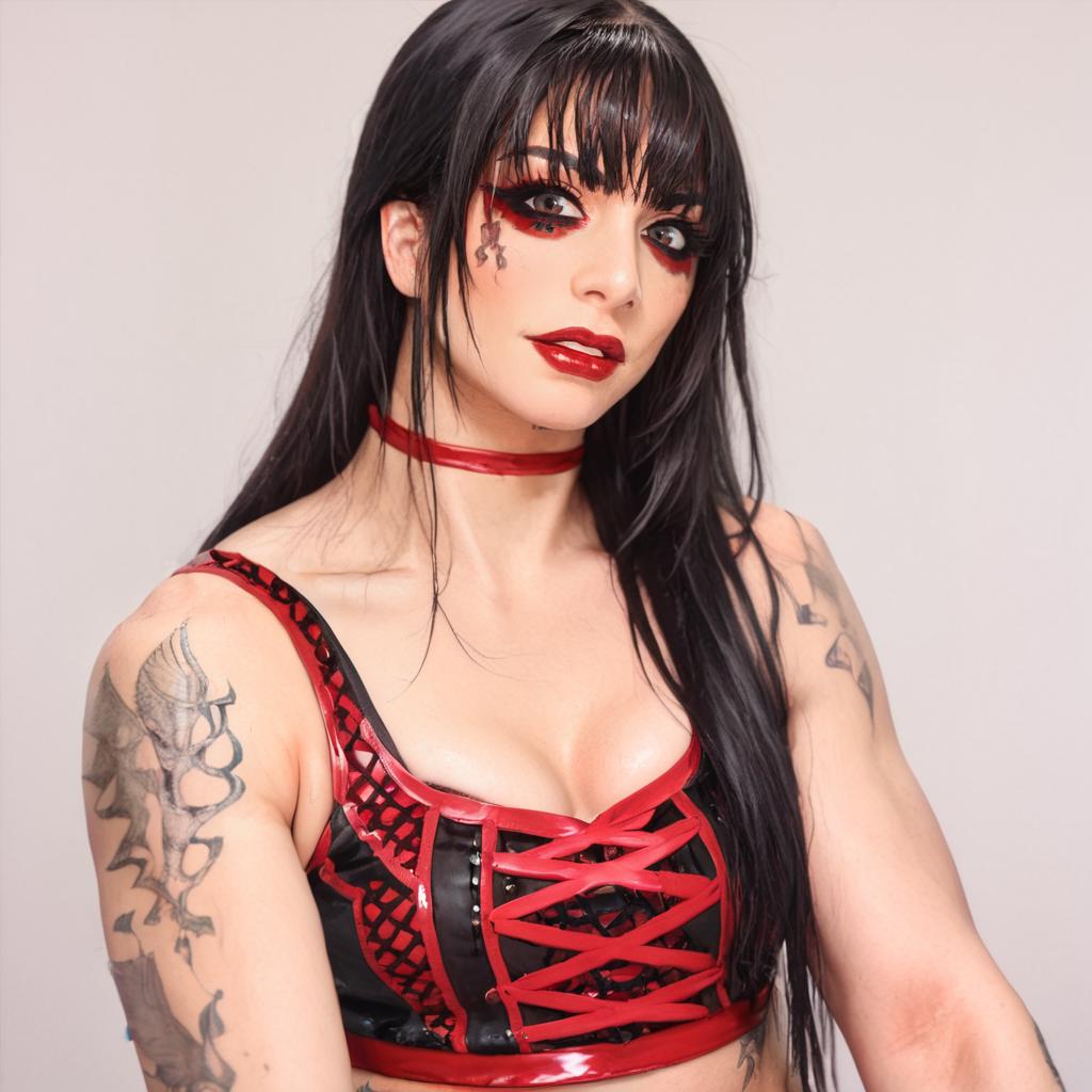 sacore_9, masterpiece, score_8, best quality, <lora:Pony_Tatum_Paxley:1>, t@tump@x, 1girl, solo, black hair, tattoo, makeup, long hair, choker, midriff, lipstick, bangs, red lips,  arm tattoo,  wrestling outfit, red wrestling outfit, upper body, realistic, looking at viewer