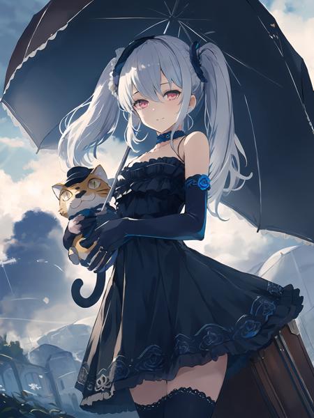 masterpiece,best quality,highres,cinematic lighting,dramatic angle,<lora:OrchisV2-000038:0.8>,1girl,silver hair,twintails,smile,doll joints,black dress,bare shoulders,choker,blue rose,black thighhighs,detached sleeves,elbow gloves,ring,holding cat stuffed toy,holding umbrella,suitcase,ring,cloudy sky,dark sky,depth of field,portrait,looking at viewer