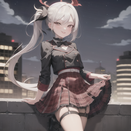 masterpiece, best quality, highres, 1girl, mutsuki, bangs, side ponytail, red skirt, black jacket, plaid skirt, halo, smile, tongue out, at night, <lora:blue_archive_mutsuki-v1:0.6>