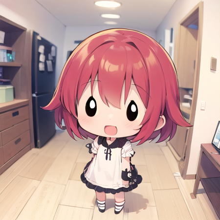 <lora:hotarueye_comic14_v100:1>, 1girl, (chibi:1.4), smile, open mouth, dynamic angle, standing, , red hair, indoors