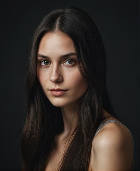 professional detailed photography, natural skin, clear photo, young woman portrait, round nose, (sharp cheekbones:1.4), black straight long hair, German woman, black background, studio photo, soft light,  backlit heavy light  <lora:more_details:2>, (muted colors, dim colors, soothing tones), (vsco:0.3)