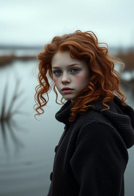 monochrome landscape, faded colors,fashion shot,  (chilly atmosphere:1.3), low contrast, dimly lit empty scenery,  beautiful girl with curls and freckles, (ginger hair), (hyperrealism:1.2), (8K UHD:1.2), (photorealistic:1.2), messy hair,, standing in water, snow, cold, (beauty portrait:1.1) , full body