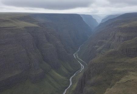 stone gorge, top down view 45 degrees, gray stones, steep walls, high, passage between in the center of the picture, cloudy weather, gray clouds, canyon in the center