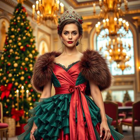 A luxurious Victorian-inspired Christmas gown with a high-collared neckline and opulent gold accents. The dress features layers of ruffled fabric in emerald green and crimson, with a sash tied at the waist. A fur-trimmed shawl drapes over the shoulders, and the model wears a glittering tiara adorned with holly berries. The background is a grand ballroom decorated with a towering Christmas tree and golden chandeliers. Keywords: Victorian, ruffled, high-collared, fur-trimmed, sash, tiara, holly, opulent