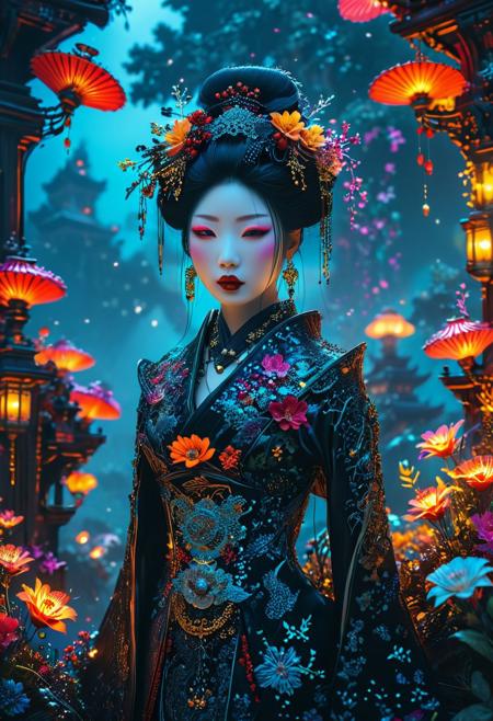 A professional photograph featuring a gothic geisha with whimsical elements, set within an enchanting and eerie fairytale landscape adorned with sparkling crystals and vibrant flowers. The scene presents an impressive and fantastical cyberpunk art concept, rich with intricate details. It is trending on ArtStation, recognized as a masterpiece in 8k resolution. The composition is enhanced by a magical glow, featuring internal illumination that adds a sense of magic and fantasy, with glowing, colorful accents throughout.