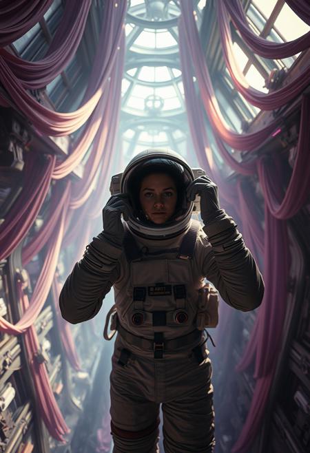 A lone astronaut with a 1950s film star face removes their helmet inside a cathedral-like orbital station, light and shadow wrapping them like fabric.,  bending space, zPDXL , graceful ribbons, chiaroscuro effect, chaos and vibrancy, gravity-defying architecture, dramatic lighting None, and purple, Post-Apocalyptic undertones, whimsical