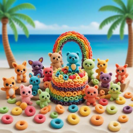 score_9, score_8_up, score_7_up, rainbow colors, chibi animals, made of fruit loops animals, made of fruit loops, cute design, 
beach background,