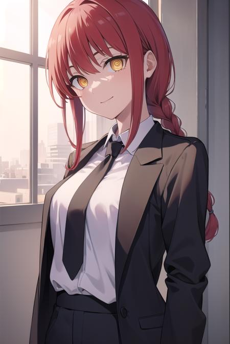 makima, <lora:chainsawmakima:1>,  makima, long hair, smile, bangs, small breasts, (yellow eyes:1.2), braid, red hair, braided ponytail, ringed eyes, BREAK  shirt, long sleeves, jacket, white shirt, necktie, collared shirt, pants, black jacket, black pants, formal, suit, black necktie, shirt tucked in, office lady, BREAK indoors, office, BREAK looking at viewer, BREAK <lora:GoodHands-vanilla:1>, (masterpiece:1.2), best quality, high resolution, unity 8k wallpaper, (illustration:0.8), (beautiful detailed eyes:1.6), extremely detailed face, perfect lighting, extremely detailed CG, (perfect hands, perfect anatomy),