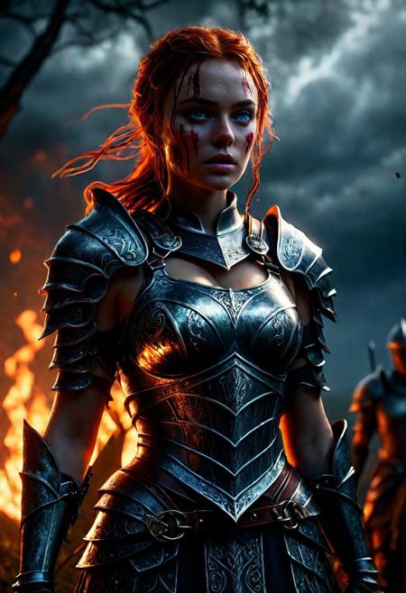 Ultra detailed digital art masterpiece Warrior girl dressed in a iron Armor, Standing on a battlefield at the head of an army of knights, where a bloody slaughter is taking place, standing in battle pose, a dark epic fantasy, perfect lighting, beautiful  Sadie Sink as Warrior girl, attractive woman, elegant, sinewy athletic body, unreal engine 5 nanite quality, mixed with dark elements, dark environment, very stormy night, clean dark velour witch clothing, LOTR style, dark washed out eyeliner, no make up, natural bloody face, realistic blue eyes, ultra detailed atmospheric details, beautiful glowing effects, sparkle effects, realistic body proportions, beautiful face proportions, complex masterpiece, wavy red hair, creative glowing detailed tattoos, complex physics, enhanced colors, complimentary colors, ultra detailed raytracing reflections, Ultra detailed complex background, environment feels alive, direct eye contact, dramatic lighting, wet and sweaty skin, beautiful firm Breasts, Concept art portrait by Greg Rutkowski, adding to the intense and dynamic atmosphere of the scene.