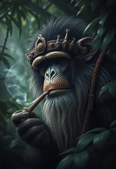 a wise monkey shaman, darkness, smoking a gandalf pipe in a jungle, very unique and intricate artistic representation, realistic surrealism