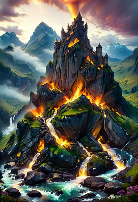 (by Ellen Jewett:1.5), (Bioluminescent Impressionism, Scottish highland  landscape, Flow in the Name of fire* *Channel_42* *中* *Broadcasting* *Artificially_Atypically_Autistically* *Magnetic**Synesthesia* *fire* *lightning*, The Dreamland, green earth, heather, sky sunset, sunrise ,waterfall, great castle on a crag, Crag, highland mountains, ethereal landscapes, depth of field, biotech emotion:1.3) <lora:xl_more_art-full_v1:0.5> <lora:add-detail-xl:1> <lora:RMSDXL_Creative:2>*Channel_42* ral-wlfnte