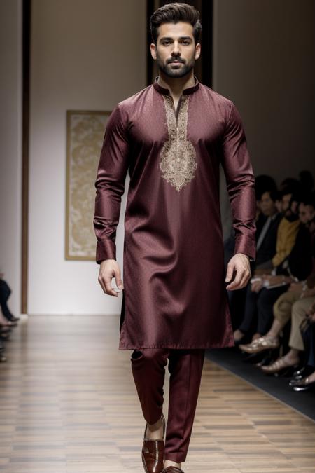 ((best quality)), ((masterpiece)), ((ultra realistic)),(dynamic sexy pose), masterpiece trending on art station of a beautiful Pakistani male model walks down the runway at the fashion show during Milan Fashion week in Milan, Italy, motion blur, wearing a xyzsankurta, (highly detailed:1.3),  Maroon Kurta, Shalwar, Shoes, <lora:xyzsankurta:0.8>, professional, moody cinematic lighting, masterpiece, realistic, roughness, ultra realistic, masterpiece, realistic, roughness, ultra realistic, (bokeh:1.3), photographed on a Canon EOS R5, 50mm lens, muted colors, F/2.8, HDR, 8k resolution, highres, high detail, sharp focus, smooth, roughness, real life, photorealism, photography, 8k uhd, (motion blur:1.001), <lora:add_detail:0.5> <lyco:GoodHands-beta2:1.0>